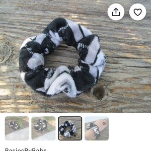 Plaid Schoolgirl Fuzzy Scrunchy Scrunchies, Handmade, Black, White-Brand new!